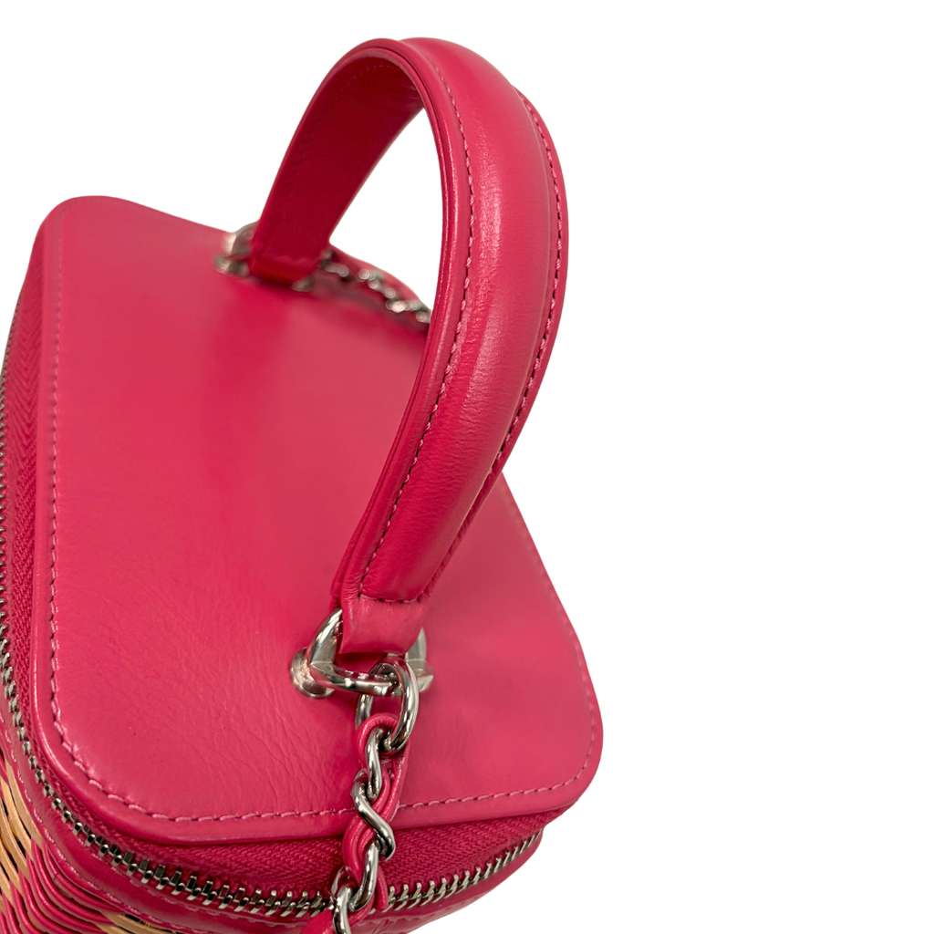 Take Away Vanity Case Top Handle Bag Salmon Pink Rattan Silver Hardware