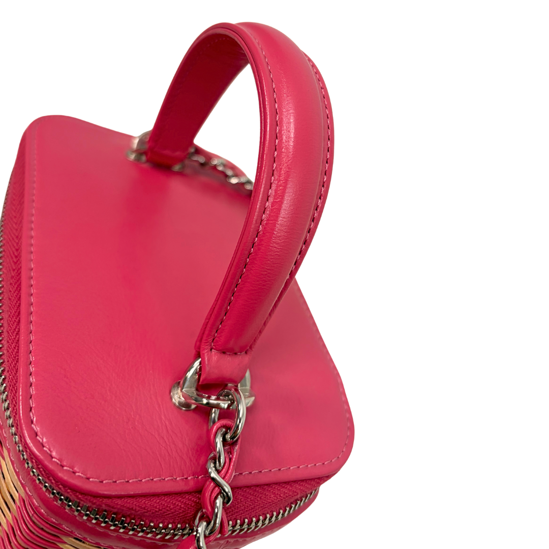 Take Away Vanity Case Top Handle Bag Salmon Pink Rattan Silver Hardware