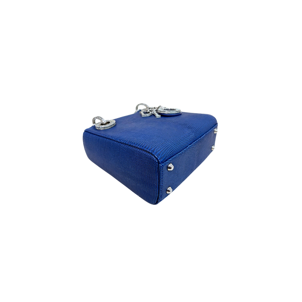 Mini Lady Dior Bag Blue Lizard W/ Crystals Charms Silver Hardware