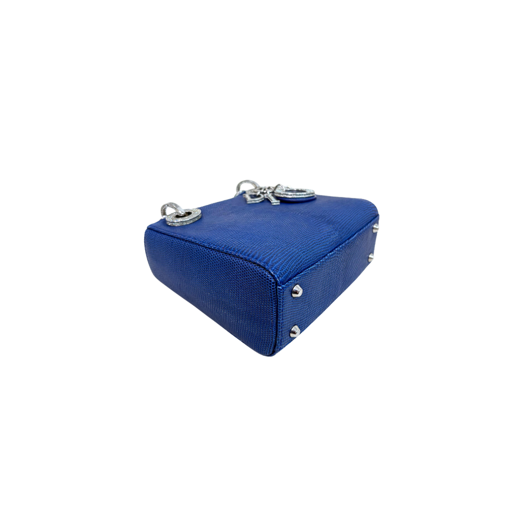 Mini Lady Dior Bag Blue Lizard W/ Crystals Charms Silver Hardware