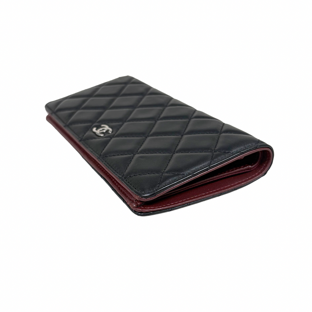 Long Wallet Black Lambskin Leather Silver Hardware