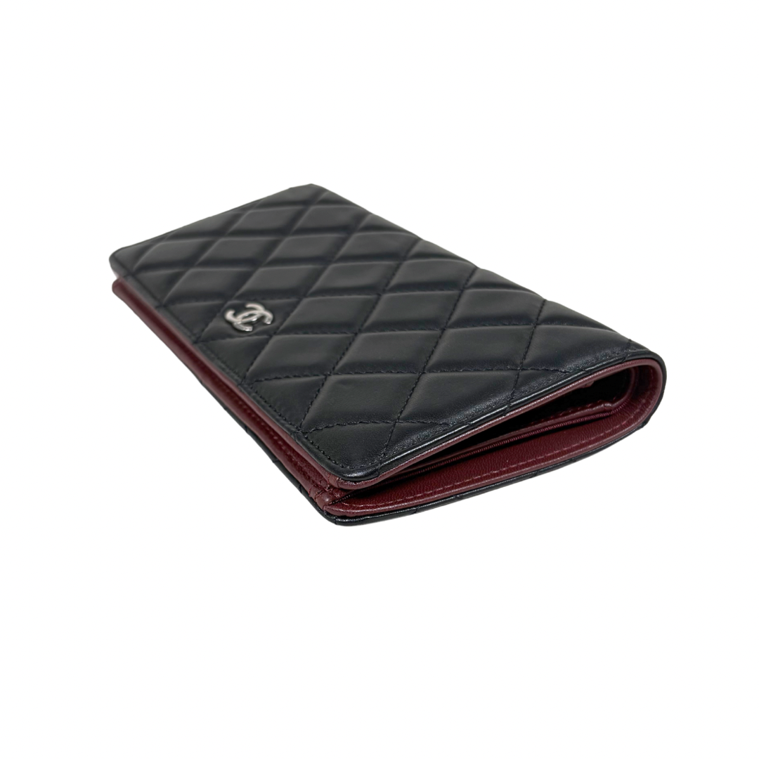 Long Wallet Black Lambskin Leather Silver Hardware