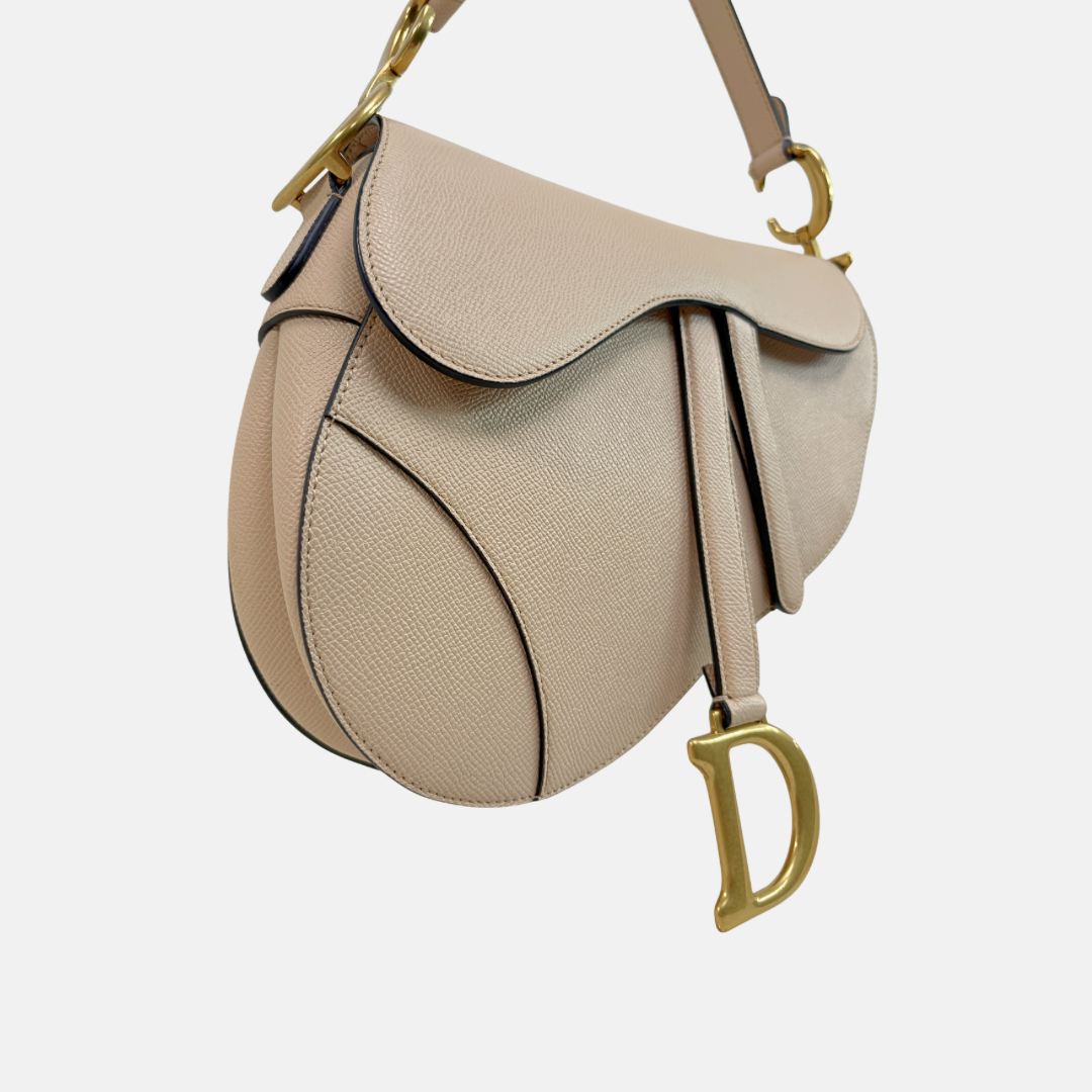 Saddle Bag Medium Beige Grained Calfskin Leather Gold Hardware