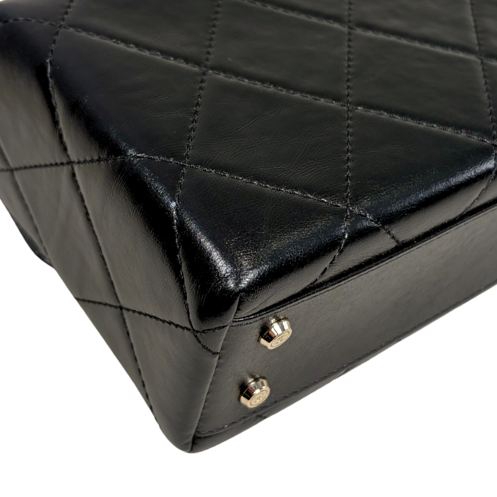 Vanity Top Handle Black Shiny Lambskin Leather Gold Hardware
