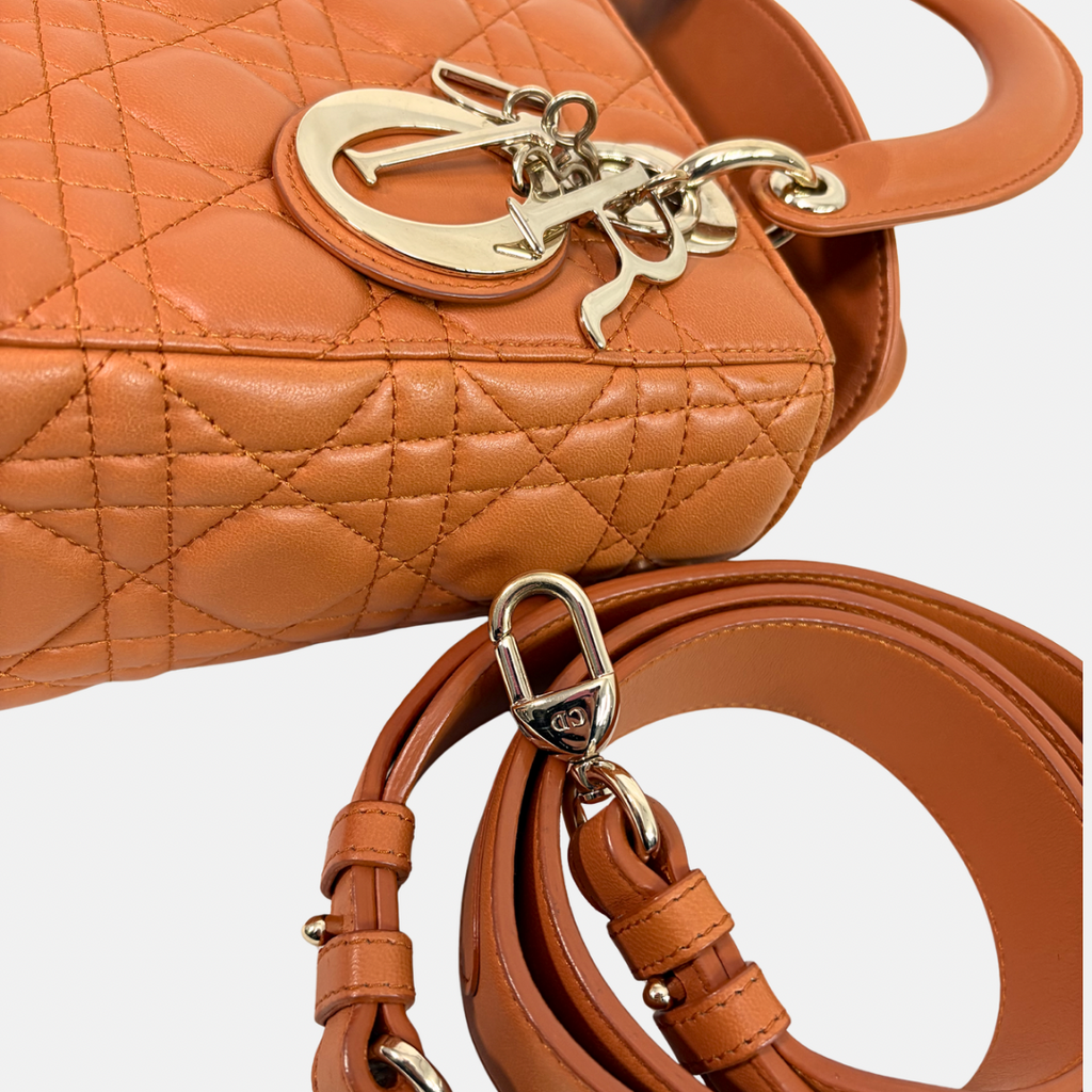 Lady Dior Small Orange Cannage Lambskin Leather ABC Strap Gold Hardware