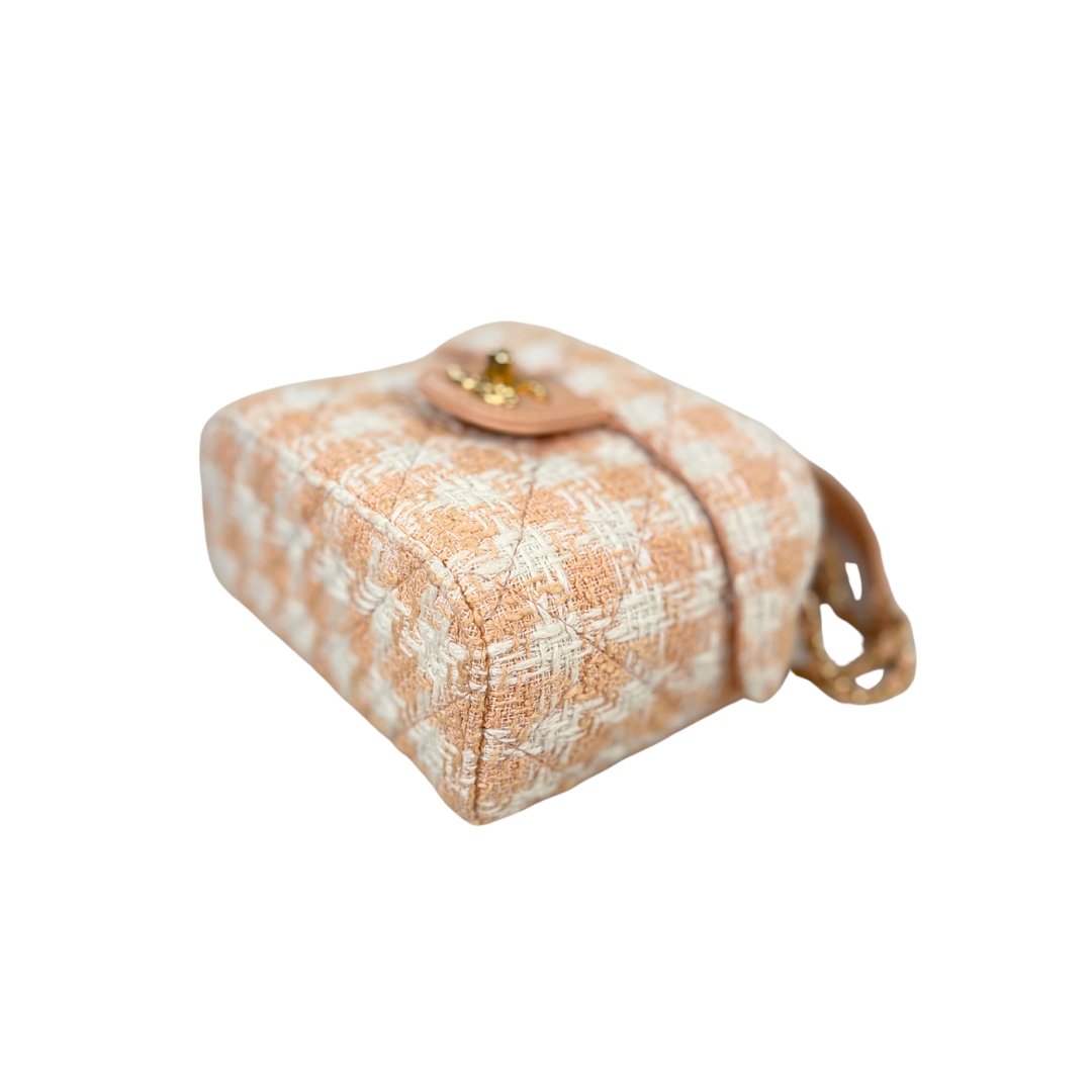 Tweed Mini Square Flap Bag Light Orange Ecru Gold Hardware