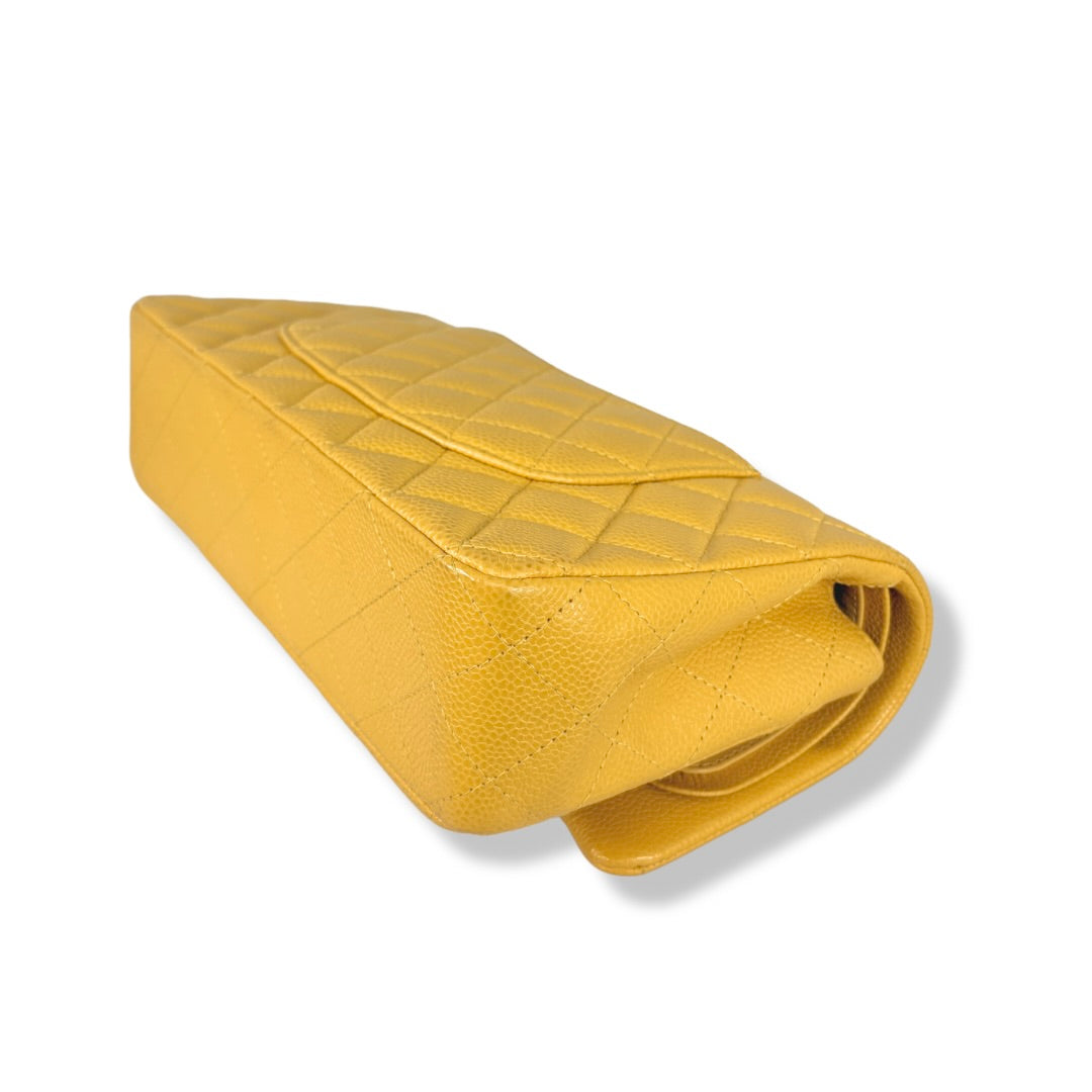 Classic Double Flap Medium Mustard Caviar Leather Gold Hardware