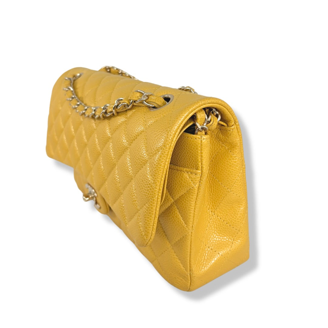 Classic Double Flap Medium Mustard Caviar Leather Gold Hardware