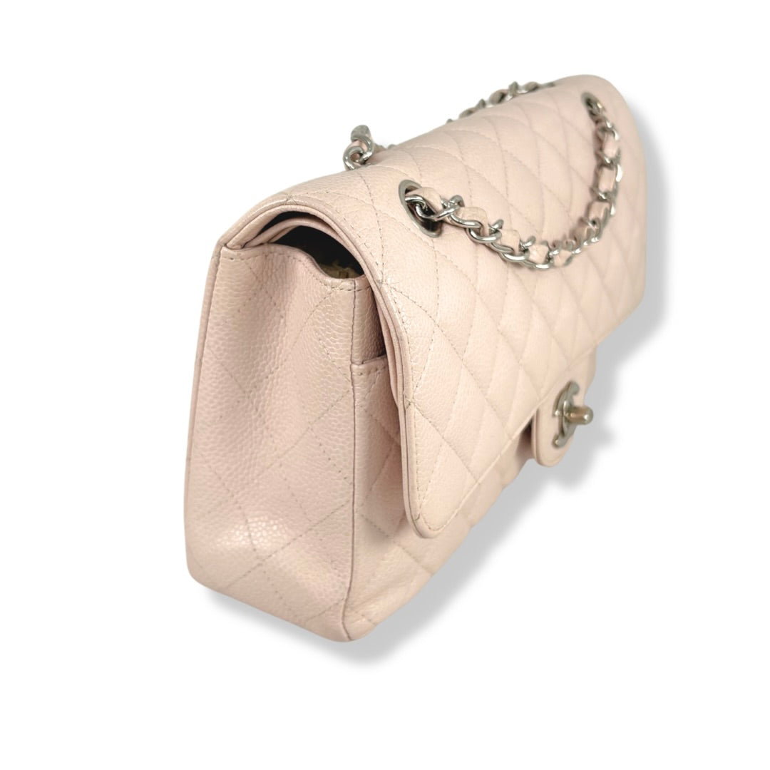 Classic Double Flap Medium Sakura Pink Caviar Leather Silver Hardware Series 19