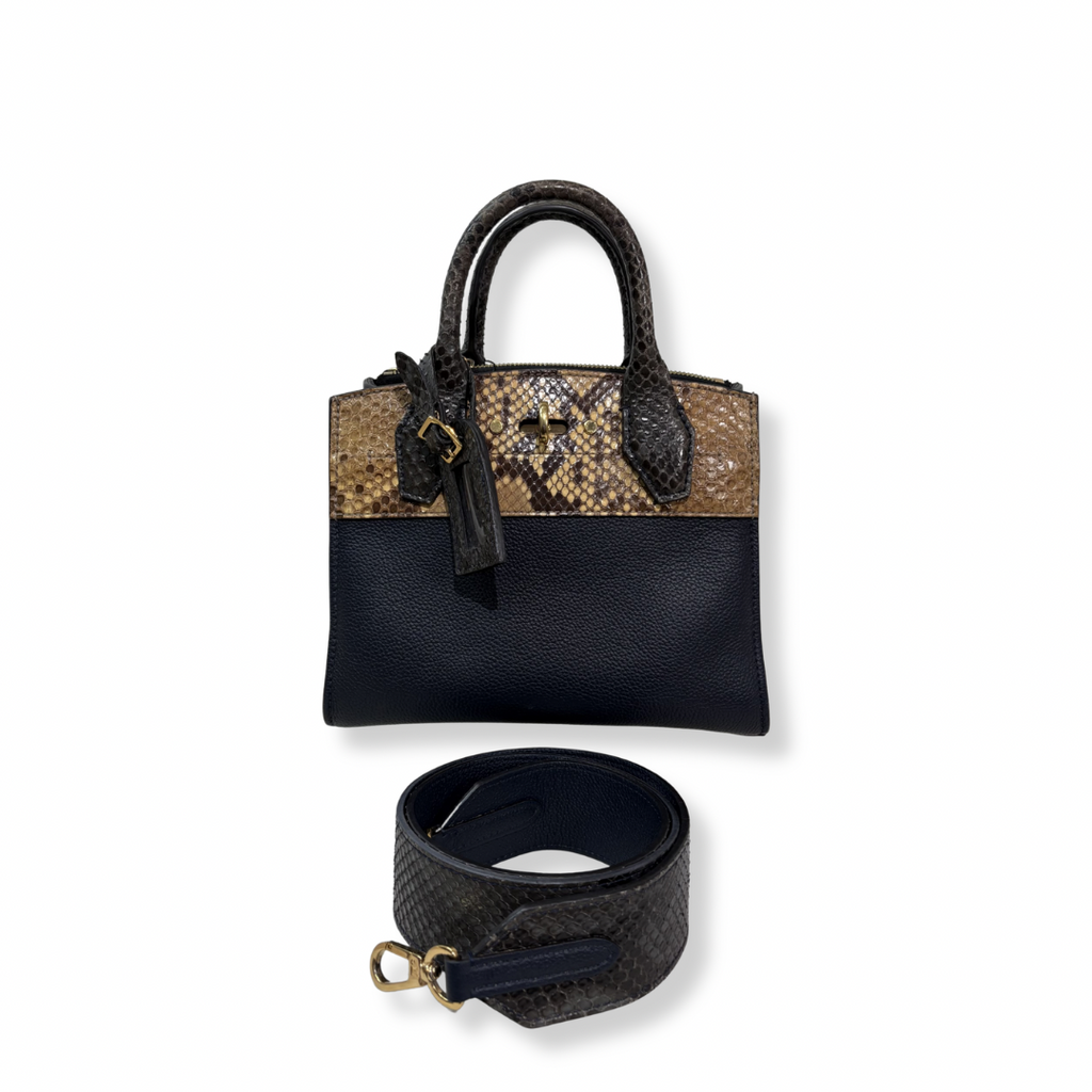 City Steamer Mini Navy Taurillon Leather Python Skin Trim