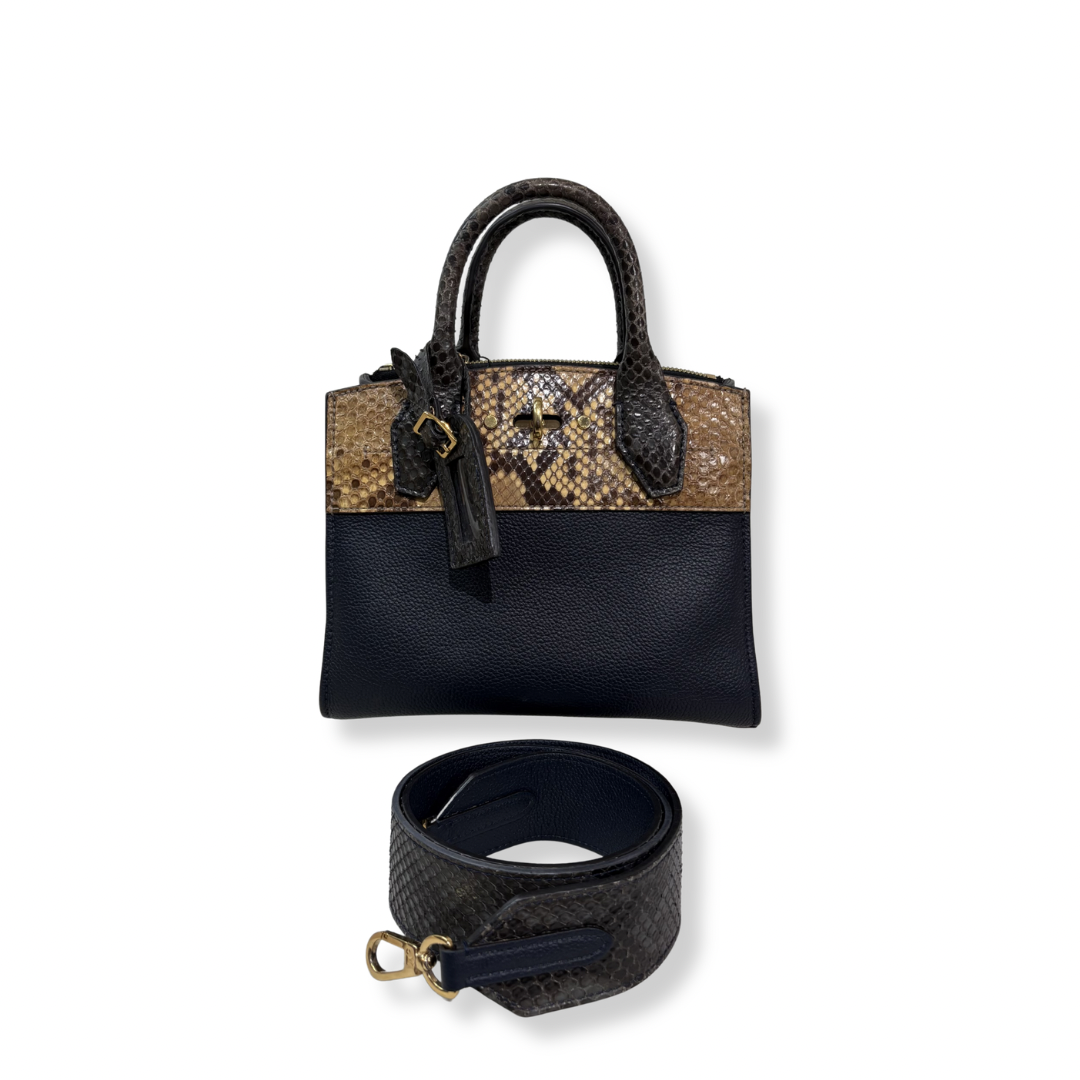 City Steamer Mini Navy Taurillon Leather Python Skin Trim