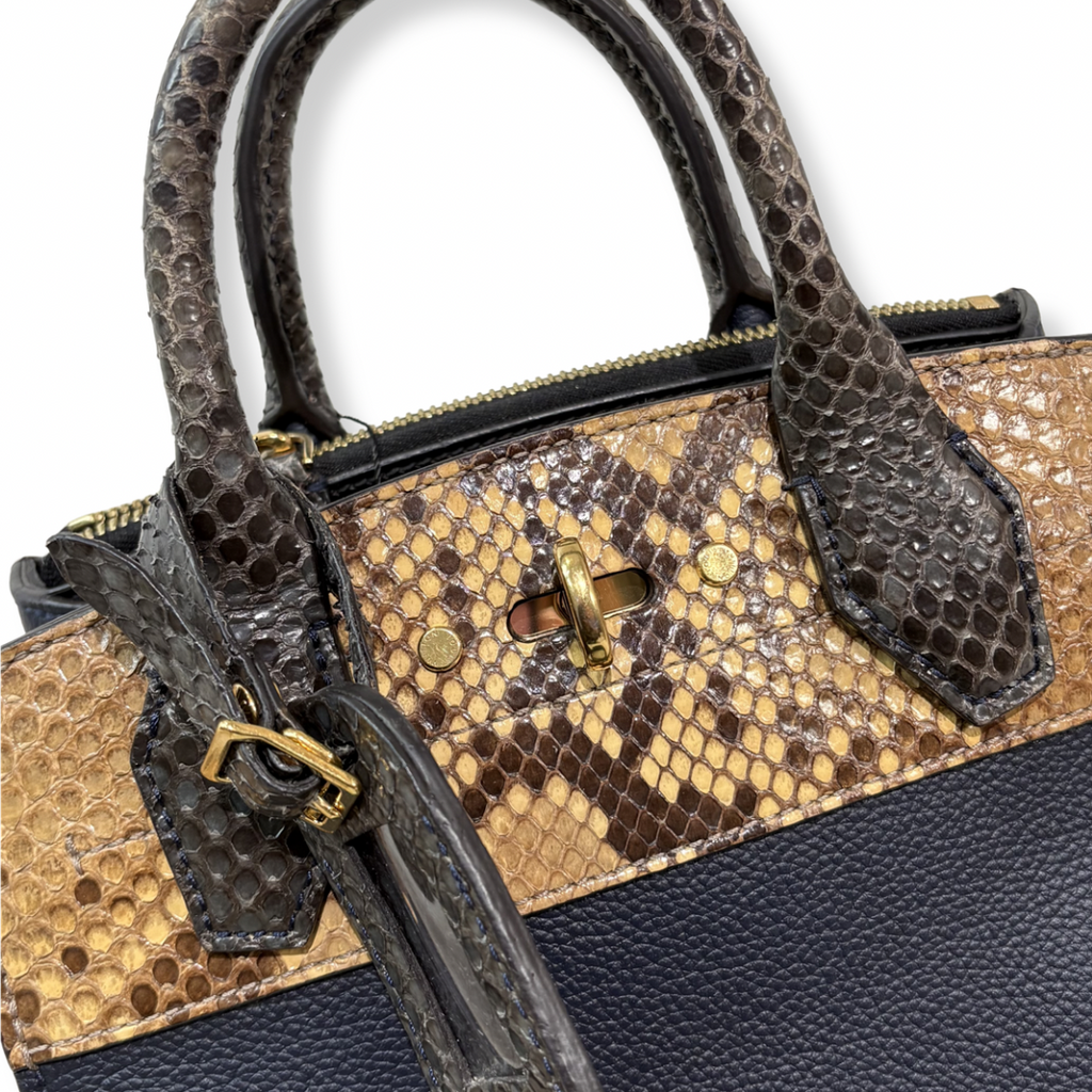 City Steamer Mini Navy Taurillon Leather Python Skin Trim
