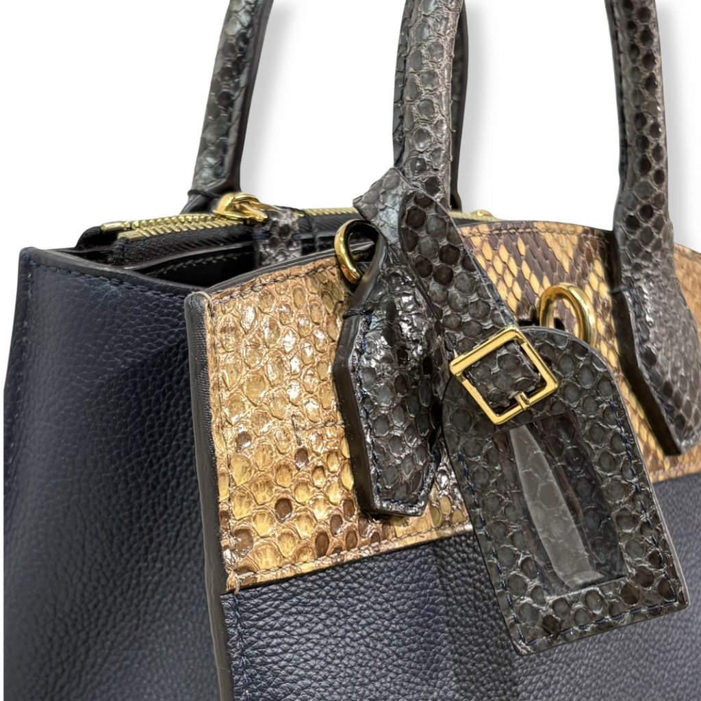 City Steamer Mini Navy Taurillon Leather Python Skin Trim