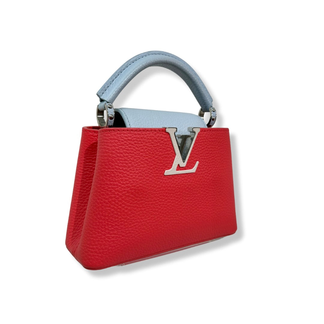 Taurillon Capucines Mini Bag Coral & Light Blue Colorway