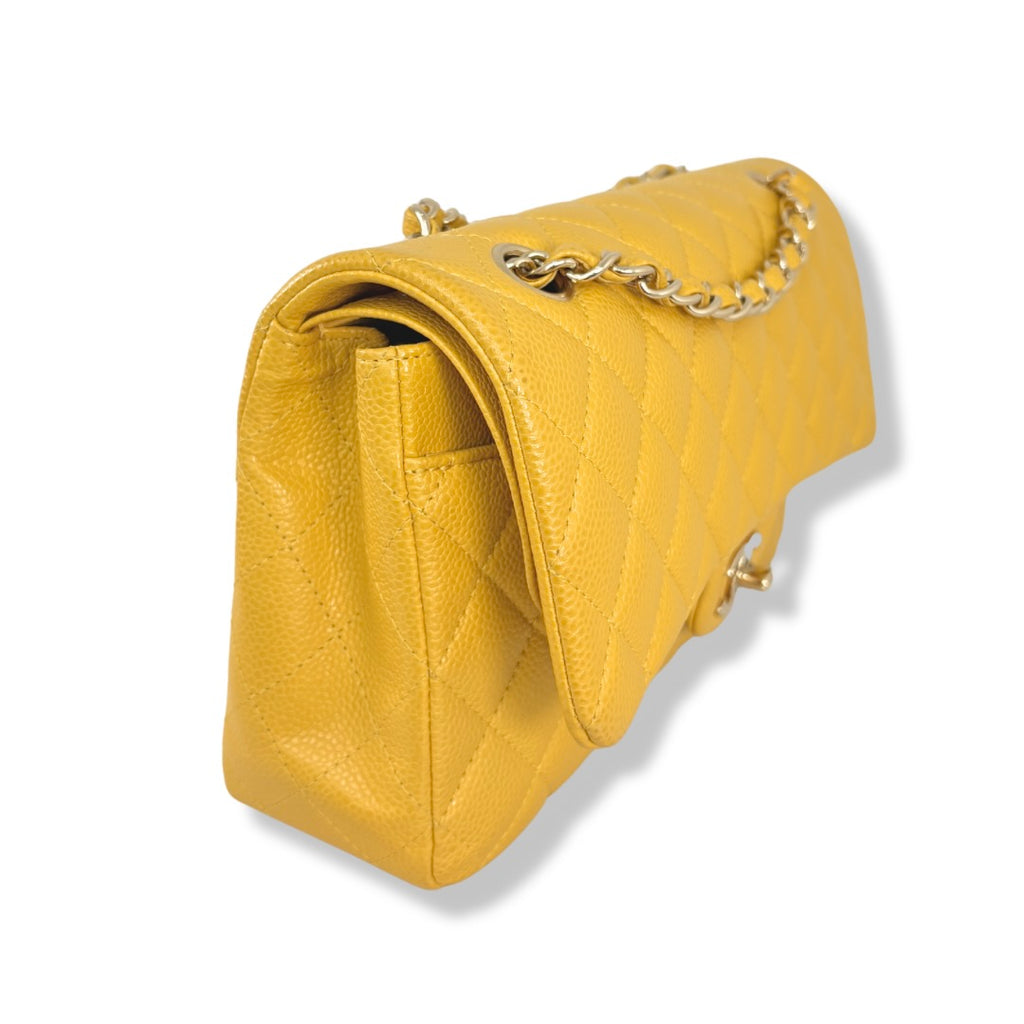 Classic Double Flap Medium Mustard Caviar Leather Gold Hardware