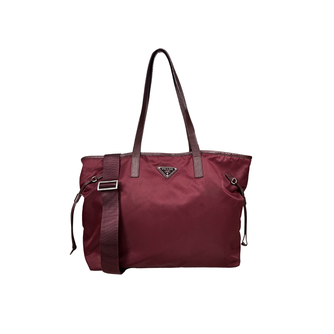 Tessuto Nylon Saffiano Tote Bag Burgundy Silver Hardware