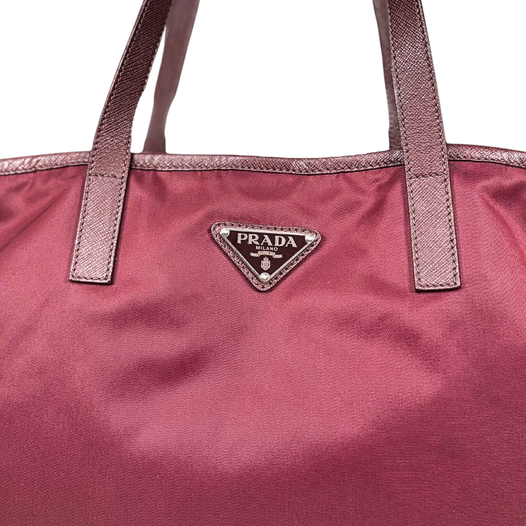 Tessuto Nylon Saffiano Tote Bag Burgundy Silver Hardware