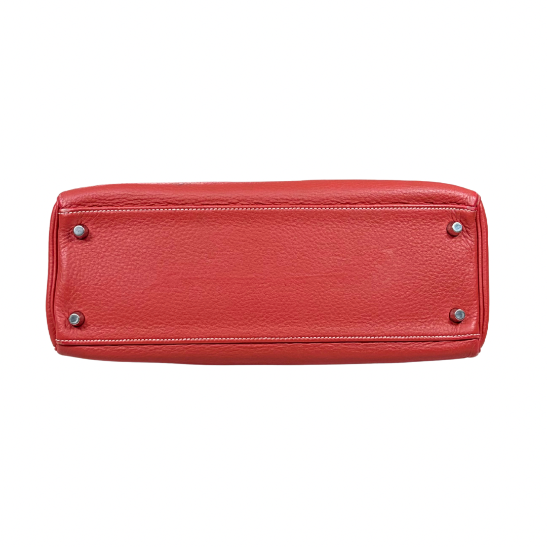 Kelly 32 Handbag Square O Taurillion Clemence Orange Palladium Hardware