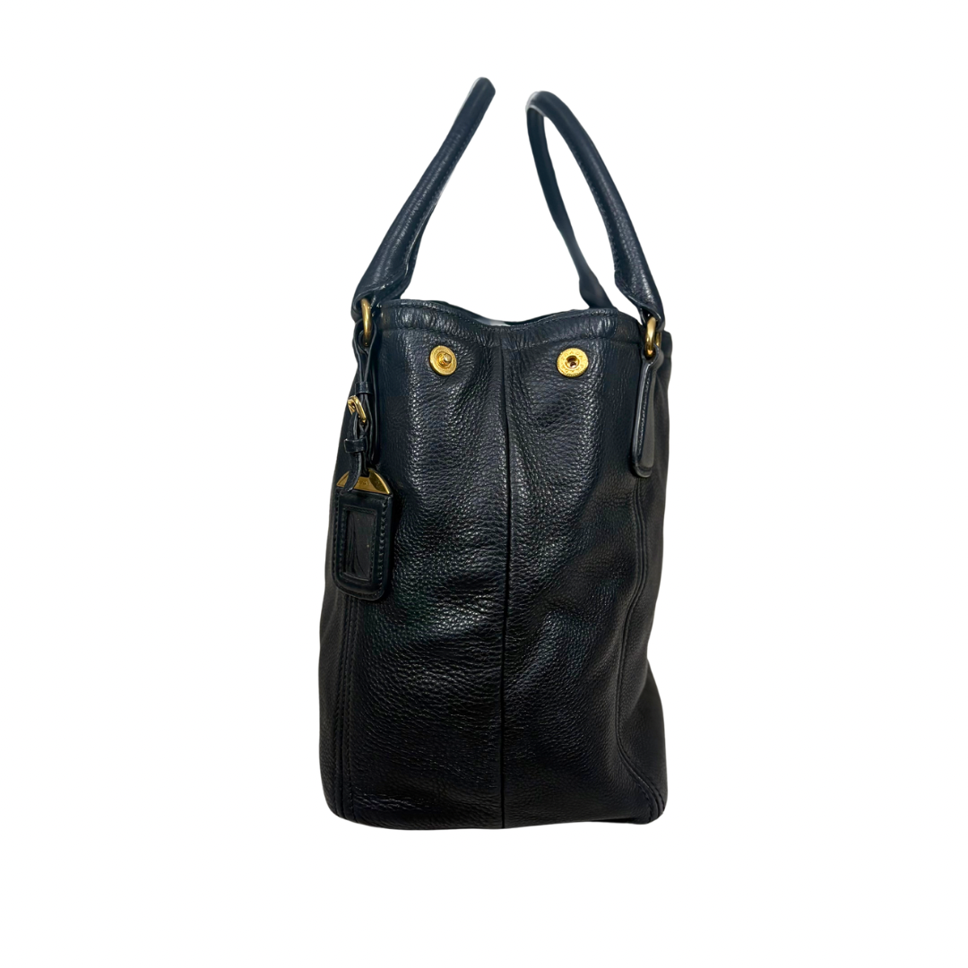 Vitello Daino Tote Bag Black Gold Hardware