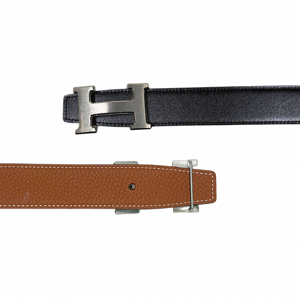 H Buckle Belt Black/Tan Silver Hardware Size 85