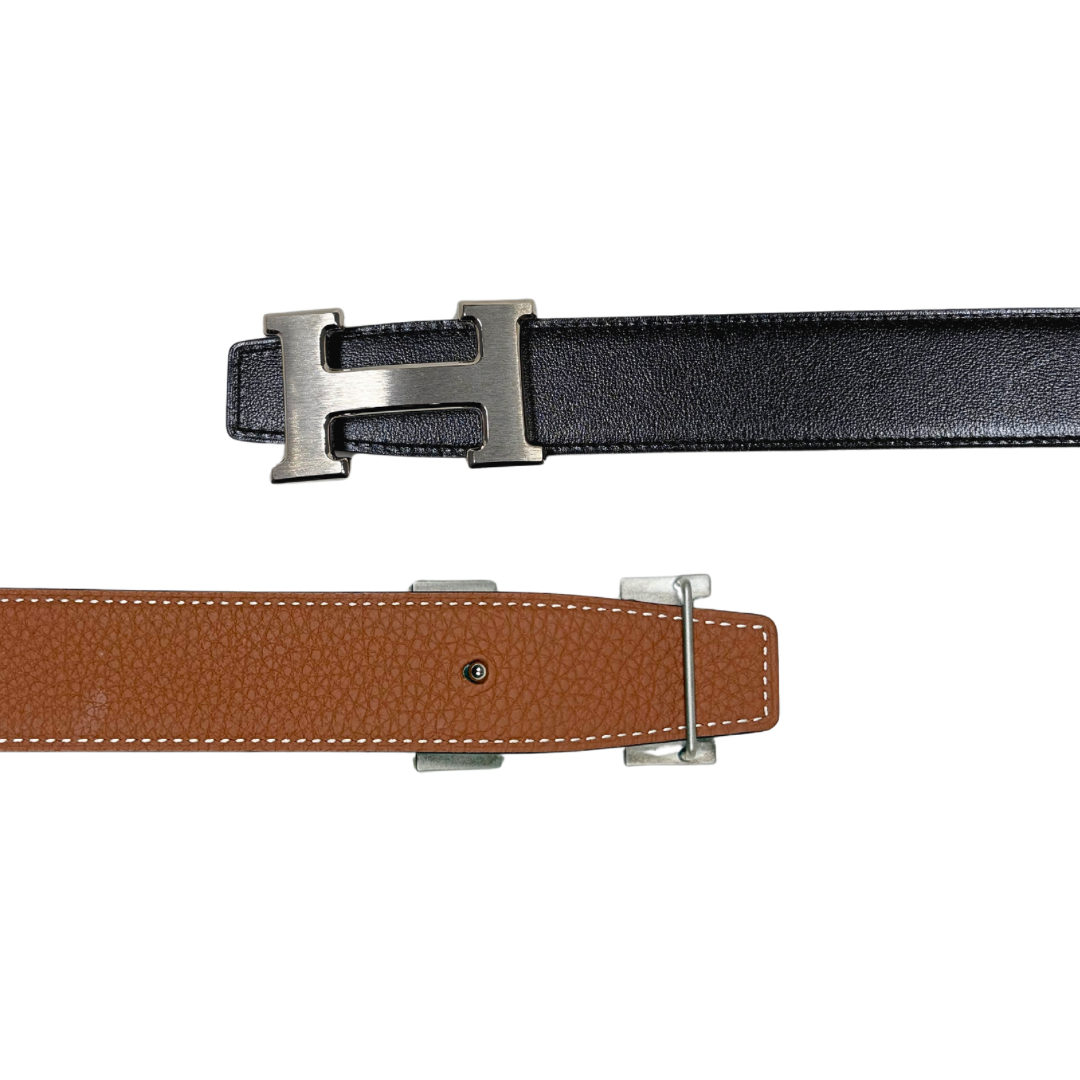 H Buckle Belt Black/Tan Silver Hardware Size 85