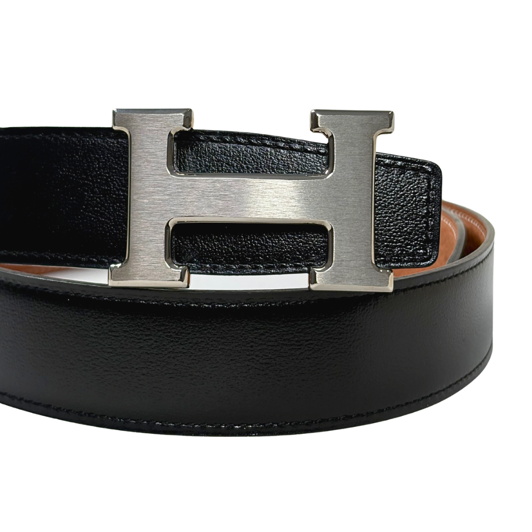 H Buckle Belt Black/Tan Silver Hardware Size 85