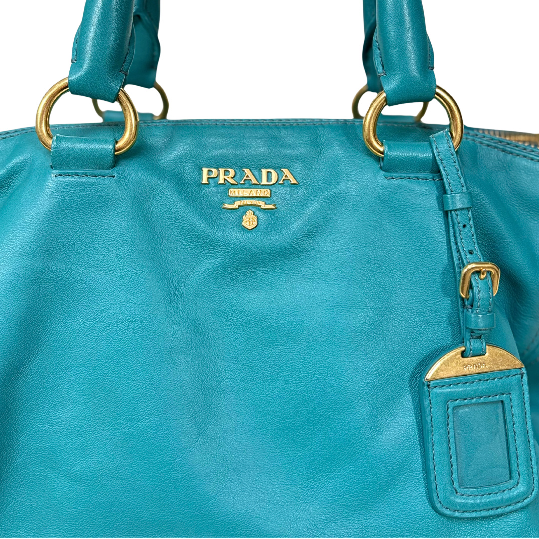 Vitello Daino Leather Bag Turquoise Gold Hardware