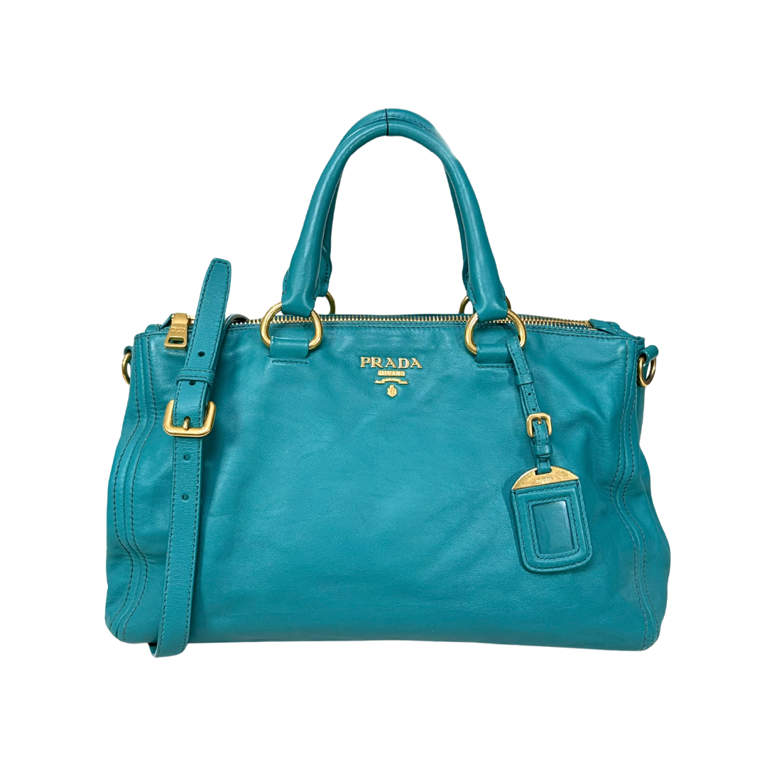 Vitello Daino Leather Bag Turquoise Gold Hardware