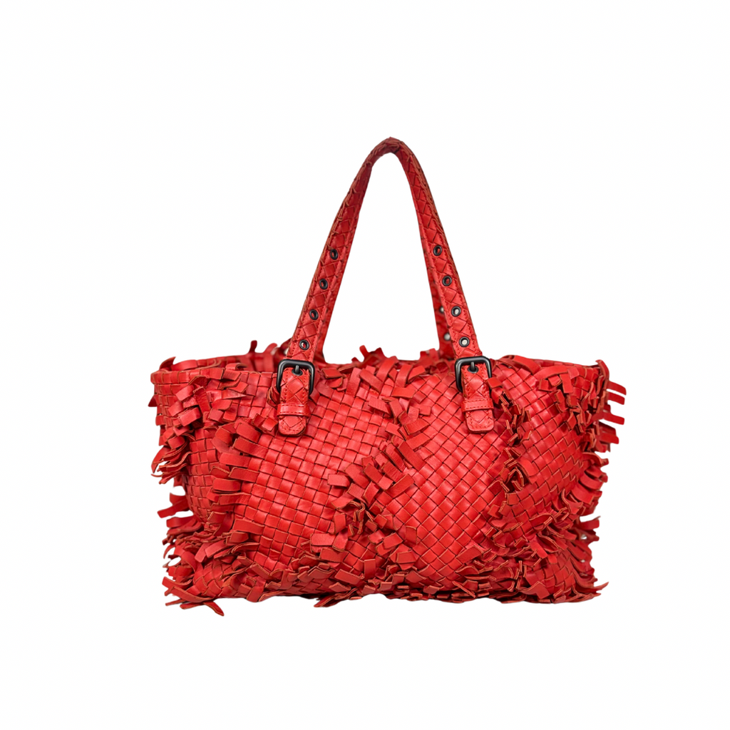 Nappa Intrecciato Lido Patchwork Fringe Tote Bag Red