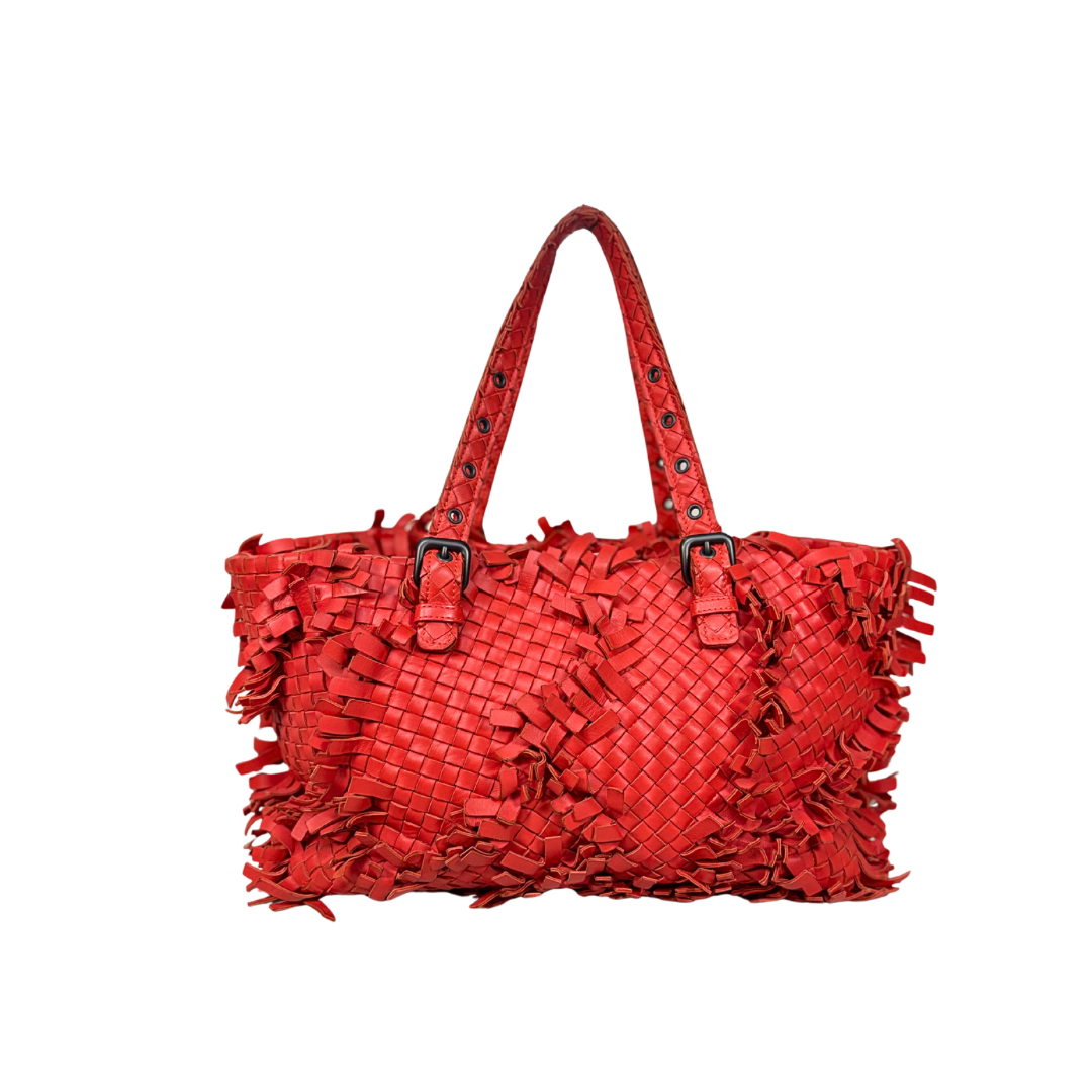 Nappa Intrecciato Lido Patchwork Fringe Tote Bag Red
