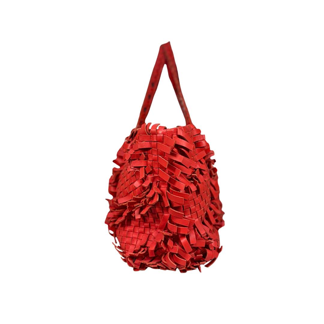 Nappa Intrecciato Lido Patchwork Fringe Tote Bag Red