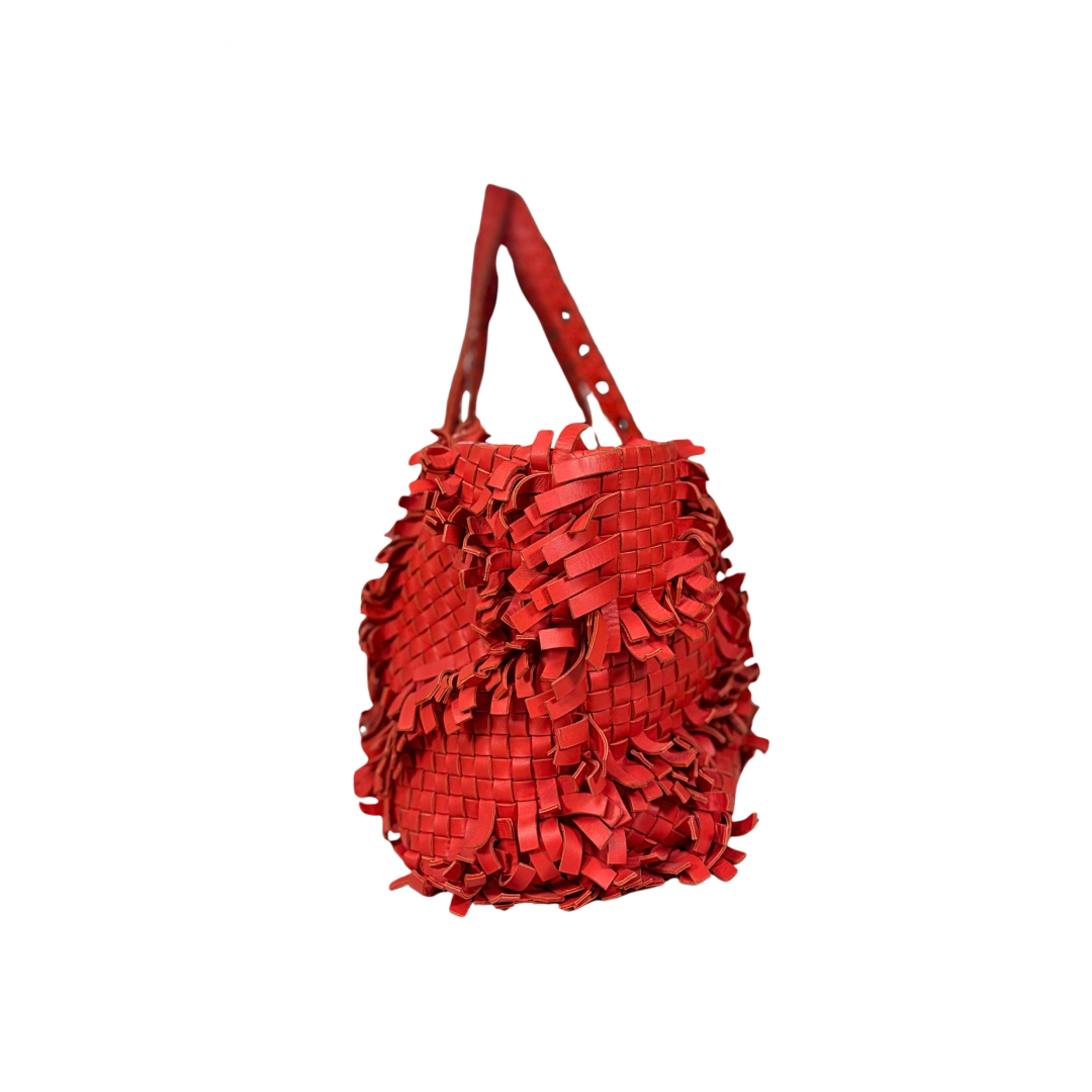 Nappa Intrecciato Lido Patchwork Fringe Tote Bag Red