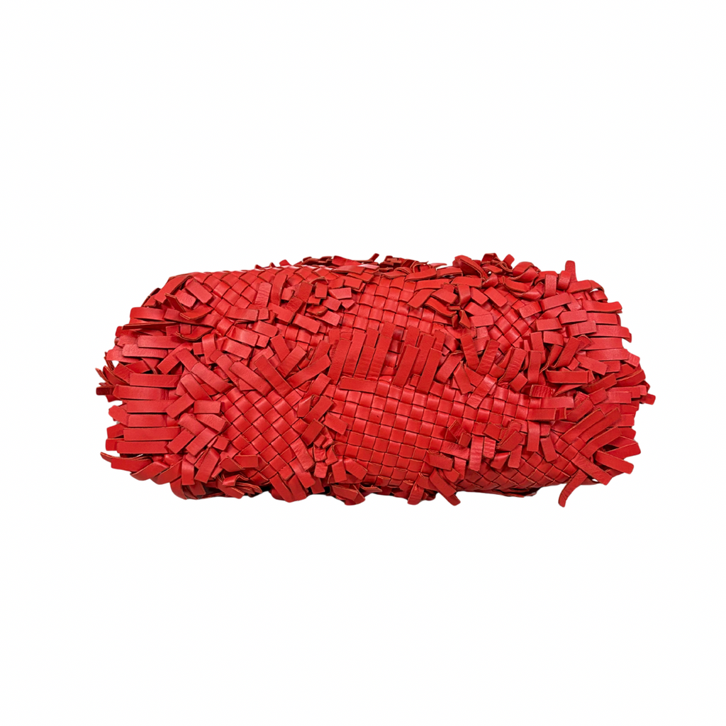 Nappa Intrecciato Lido Patchwork Fringe Tote Bag Red
