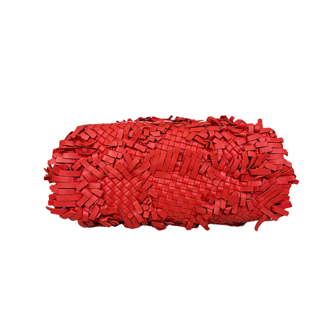 Nappa Intrecciato Lido Patchwork Fringe Tote Bag Red