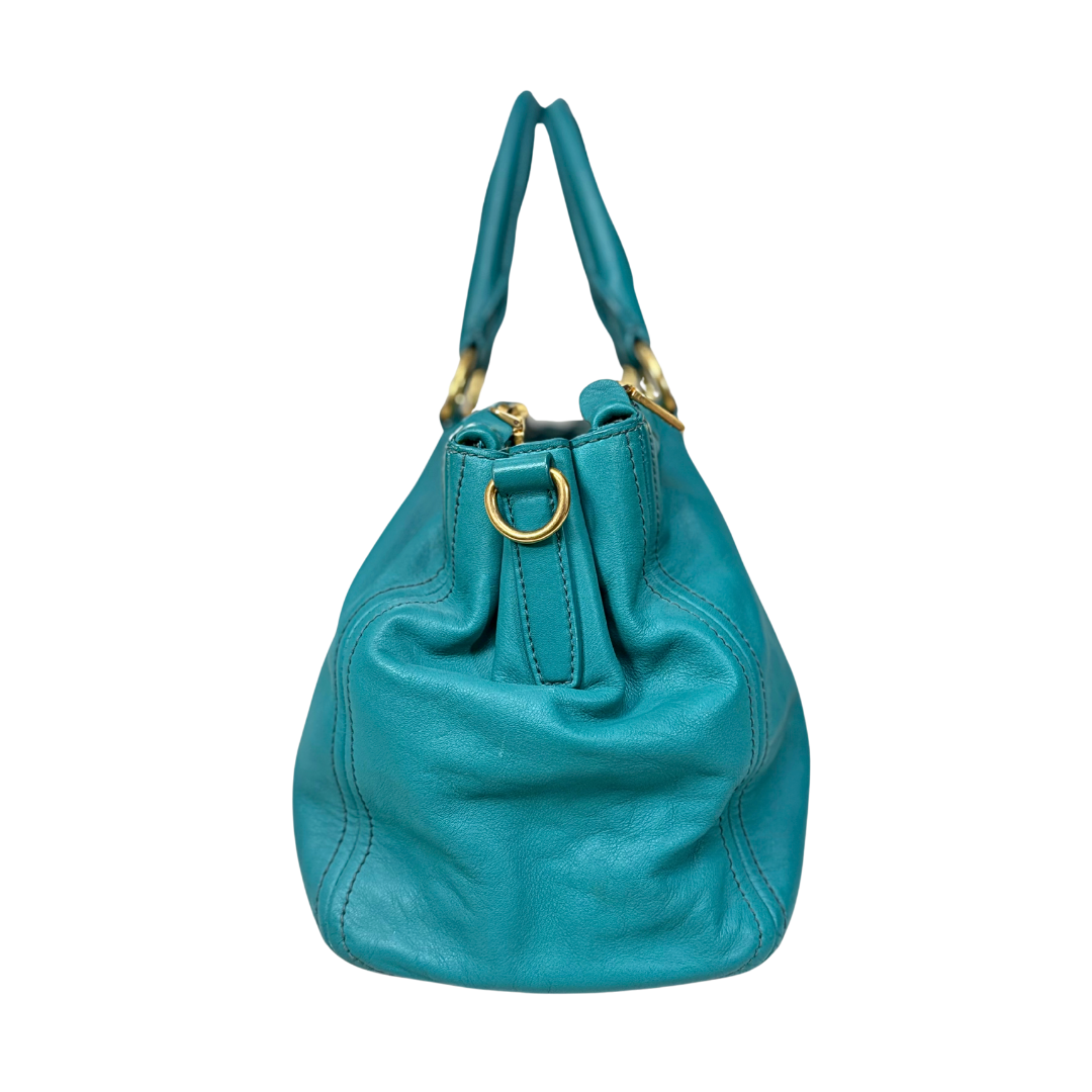 Vitello Daino Leather Bag Turquoise Gold Hardware