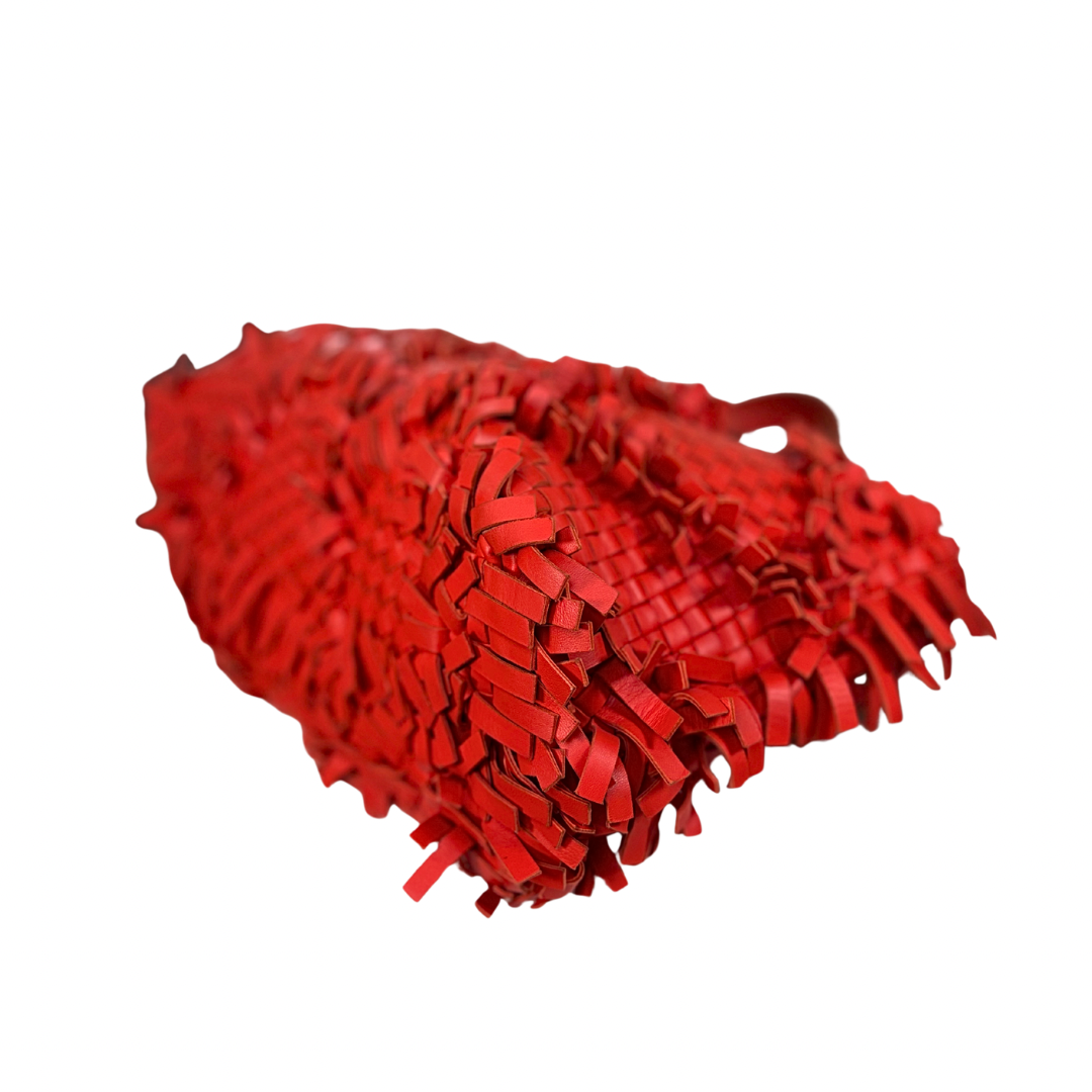 Nappa Intrecciato Lido Patchwork Fringe Tote Bag Red