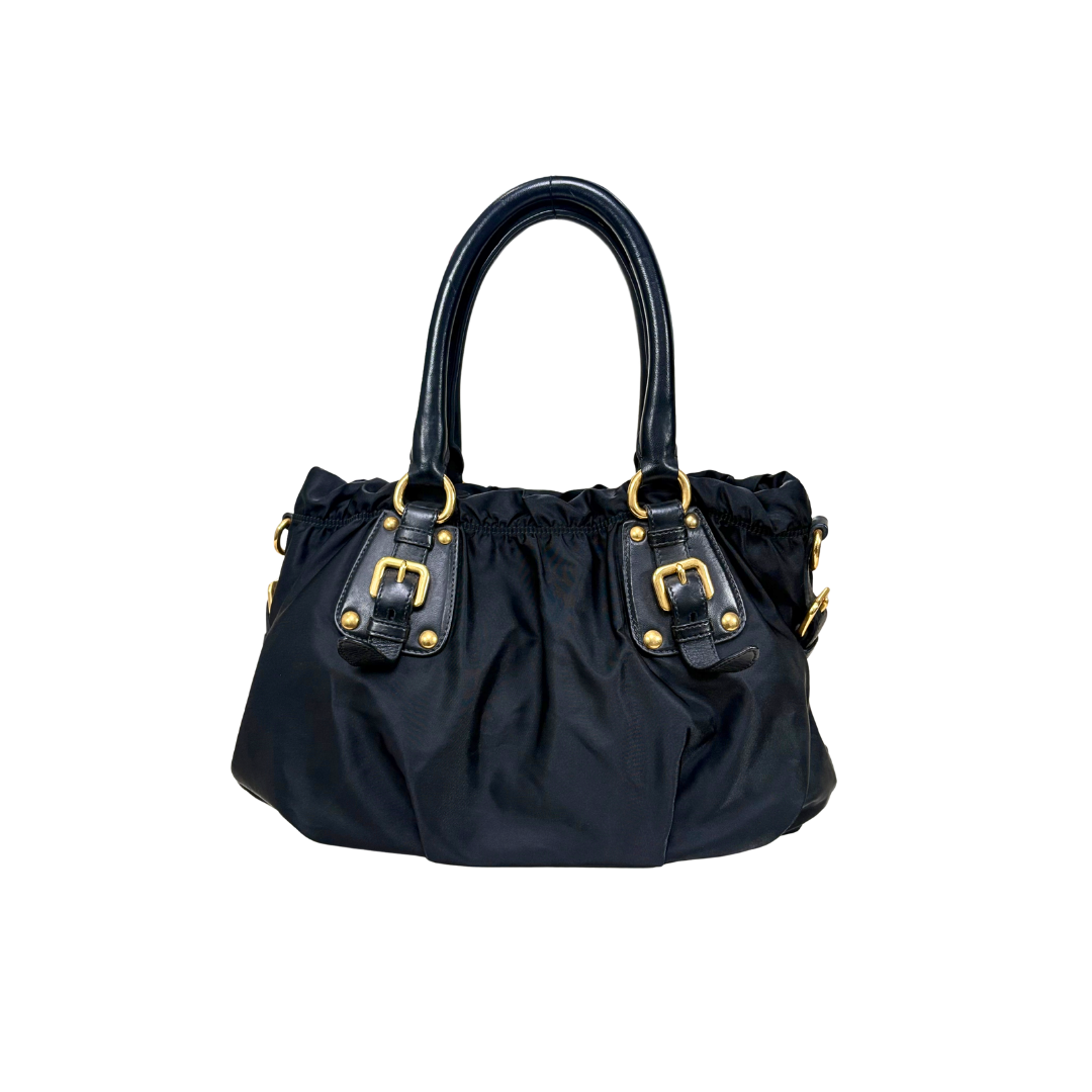 Tessuto Nylon Gauffre Satchel Black Gold Hardware