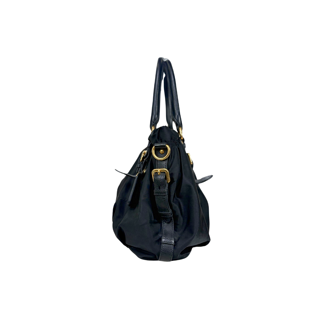 Tessuto Nylon Gauffre Satchel Black Gold Hardware