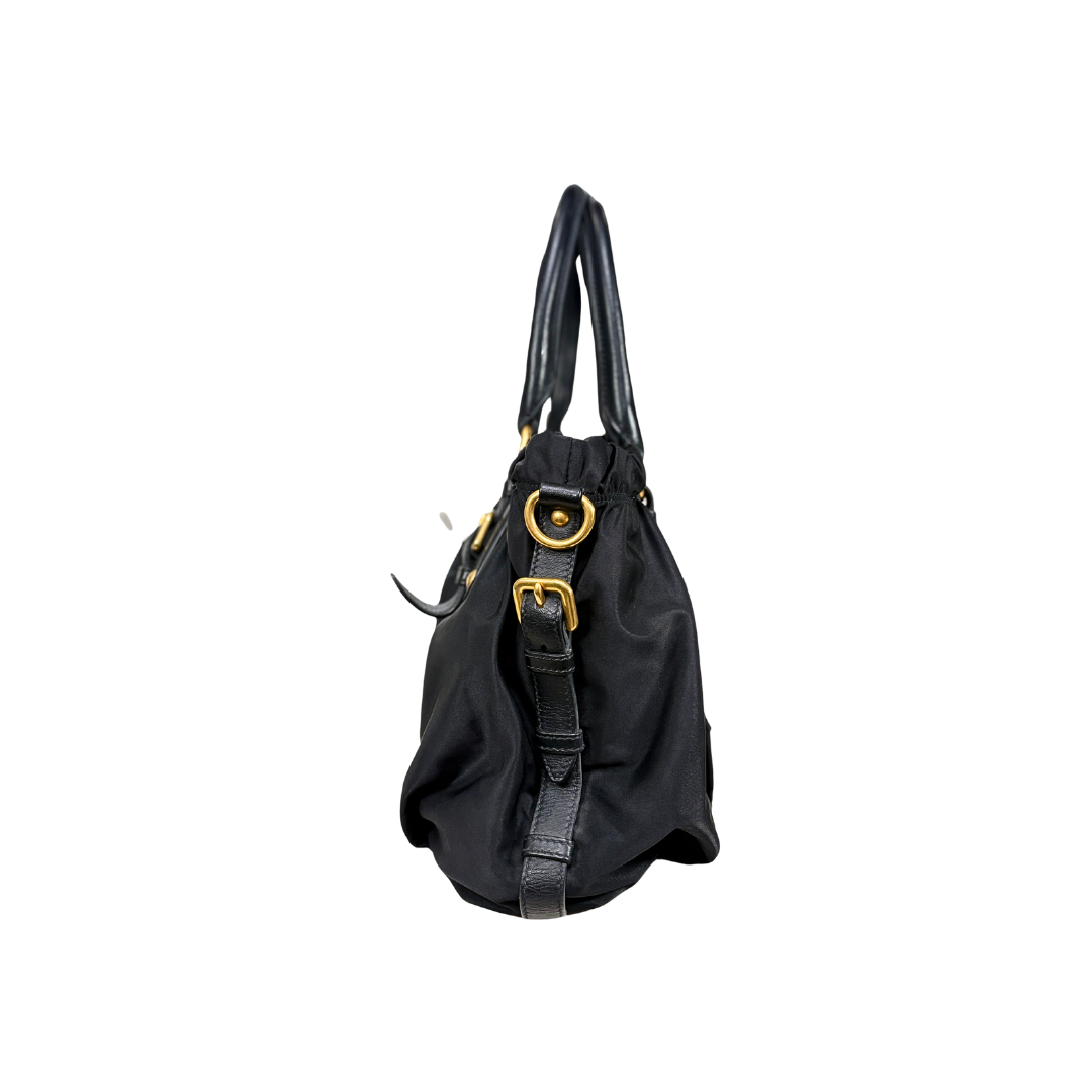 Tessuto Nylon Gauffre Satchel Black Gold Hardware