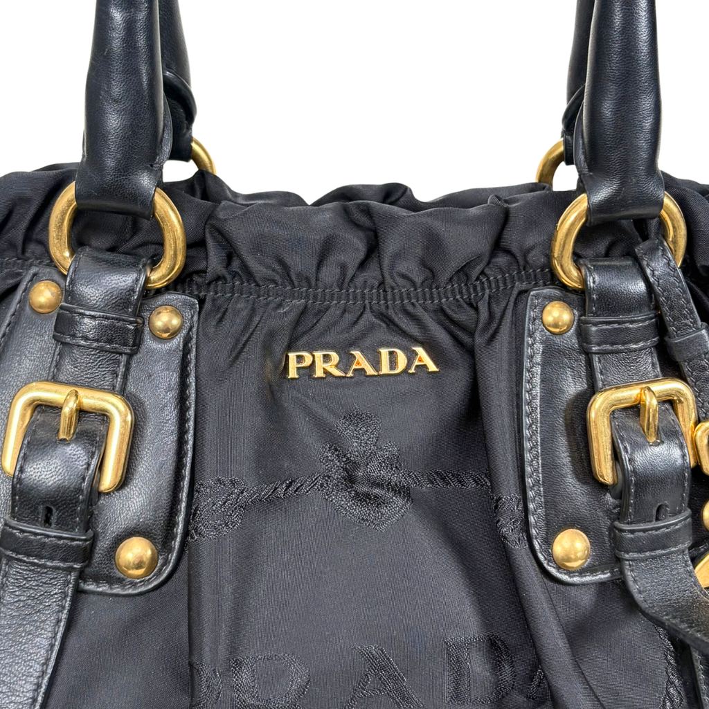 Tessuto Nylon Gauffre Satchel Black Gold Hardware